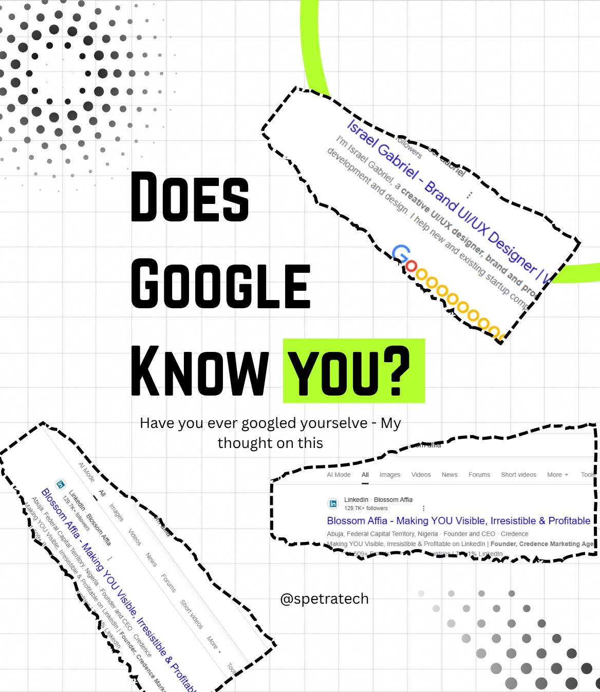 Does Google Know You? — poster with Google search results for Israel Gabriel and Blossom Affia