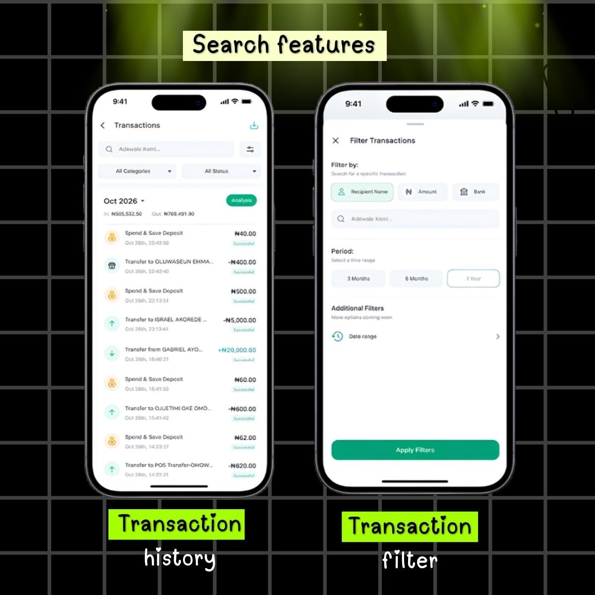 UI concept: transaction history screen with a search bar, and a filter screen to find transactions by recipient name, amount, bank and period