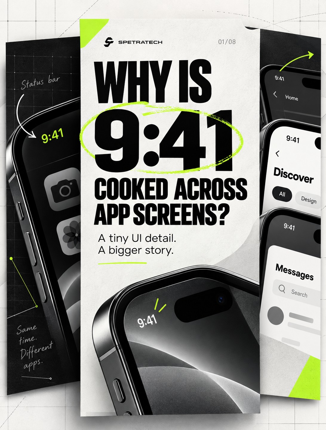 Why is 9:41 cooked across app screens? A tiny UI detail, a bigger story — Spetratech poster showing iPhone status bars all reading 9:41