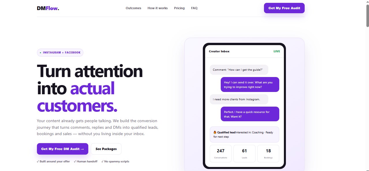 DM Flow Instagram and Facebook DM automation dashboard hero section