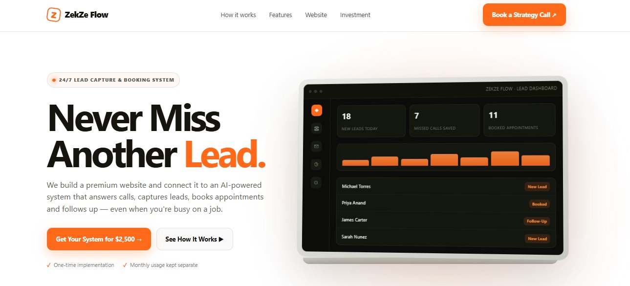 ZekZe Flow AI lead capture and booking dashboard hero section